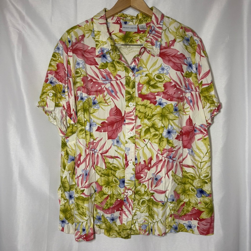 Jaclyn Smith Womens 2X Tropical Floral Button Down Shirt Rayon Pink Green Blue